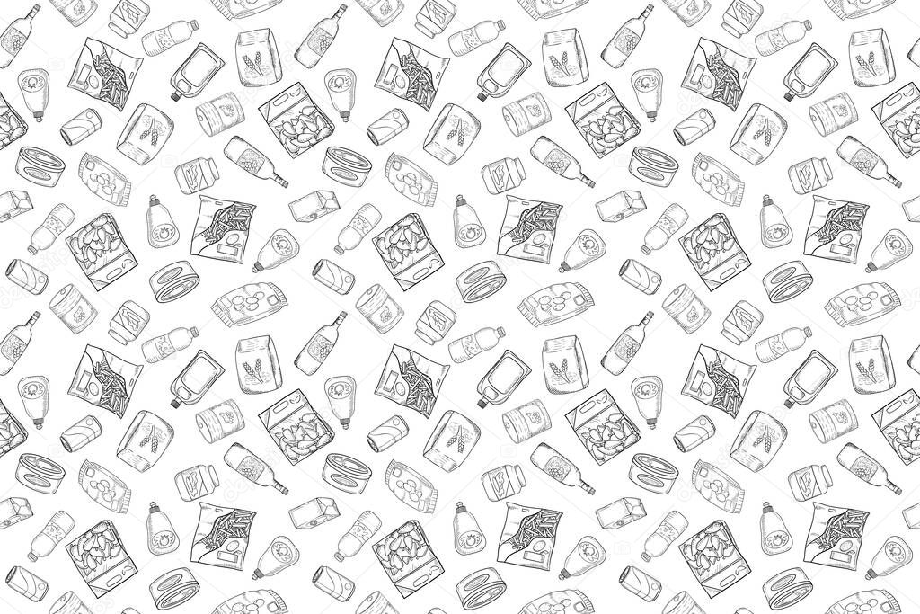seamless pattern of various grocery items.package, box, can, pack, ingredient, fresh, food, vintage doodle line art hand draw style 