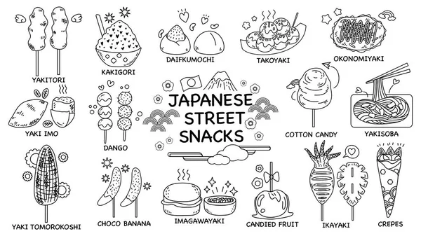 Japon Sokak Atıştırmalıkları ikonu setinin el çizimi sanatı. Yakitori, Kakigori, Daifukumochi, Takoyaki, Okonomiyaki, Yakisoba, Dango, Yaki Imo, Imagawayaki, Ikayaki, Crepes, Choco Banana.