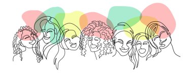 Düşünce baloncuğu olan kadınların gerçek üstü, soyut insan yüzü. Çeşitli insanların kavramları fikirlerini ve düşüncelerini paylaşıyor..