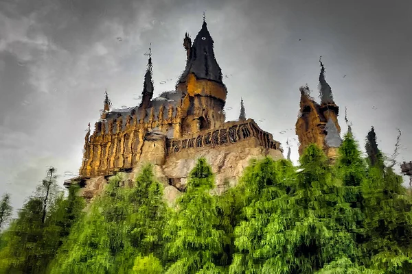 Rain Drops Reflection Hogwarts School Witchcraft Wizardry Lake Universal Studios — Stock Photo, Image