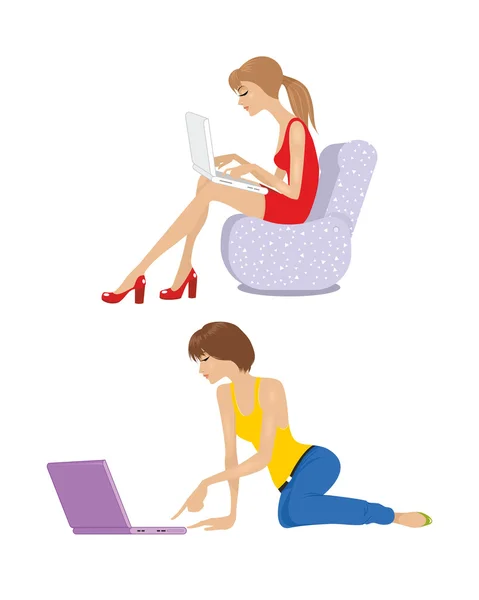 Deux filles avec ordinateur portable — Image vectorielle