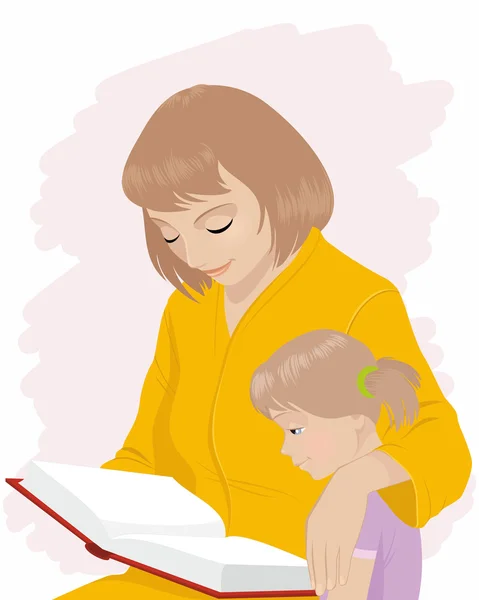 Mom teaches daughter to read — Stock Vector