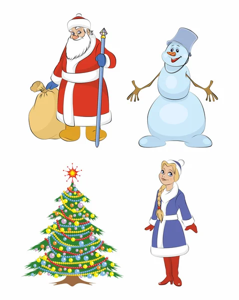 Nagyapja fagy, hó maiden, hóember, karácsonyfa — Stock Vector