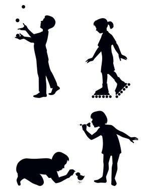 Four children playing silhouettes clipart