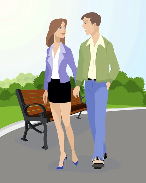 Pareja joven caminando — Vector de stock