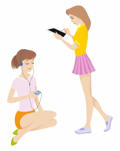 Δύο κορίτσια έφηβος με gadget — Διανυσματικό Αρχείο