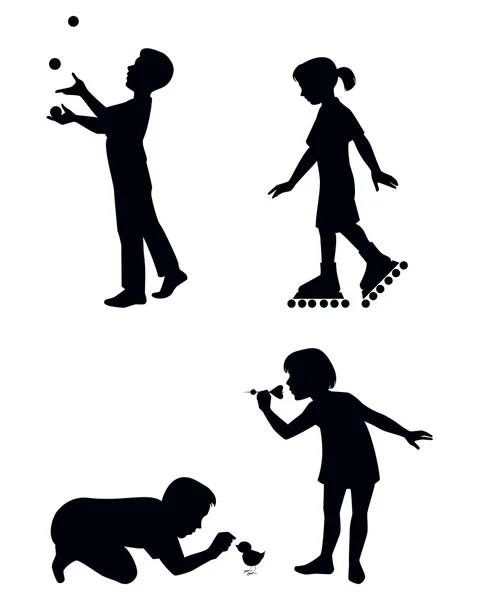 Cuatro niños jugando siluetas — Vector de stock