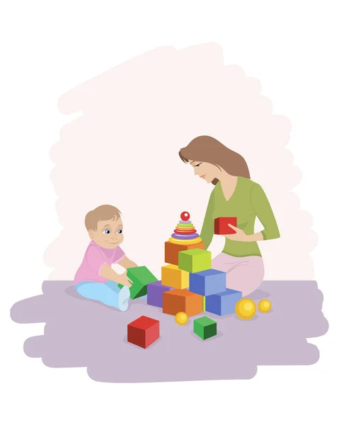Мама с сыном играют в кубики — стоковый вектор