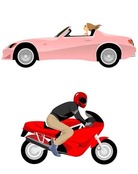 Cabriolet y motocicleta — Vector de stock