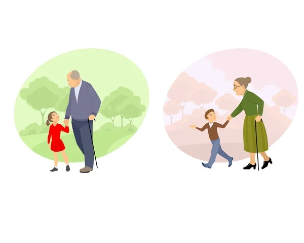 Abuelo caminando con descendencia — Vector de stock