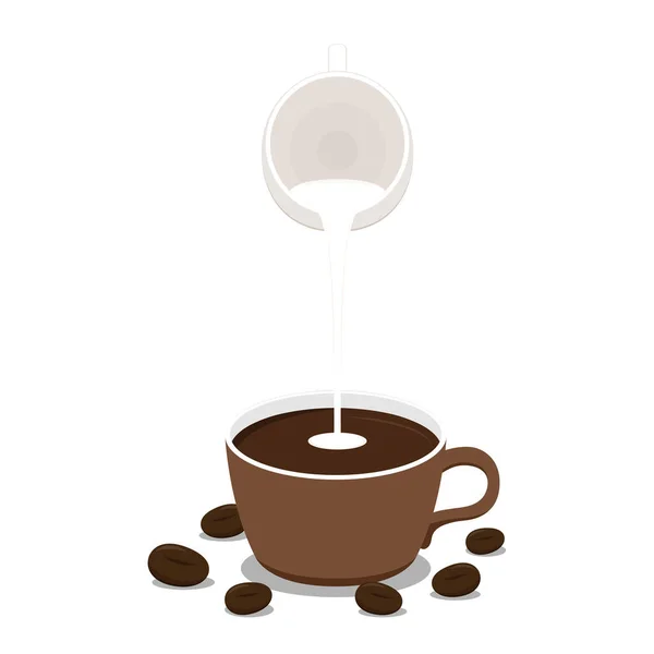 Vierte Leche Café Café Expreso Vector Taza Café Granos Café — Vector de stock