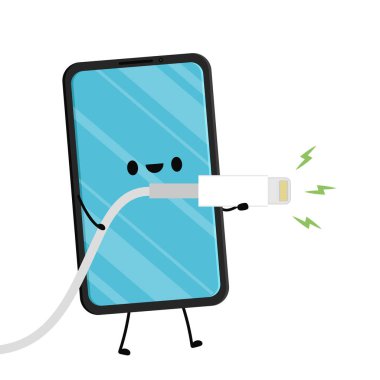 Akıllı telefon karakteri ve Telefon şarj kablosu vektörü.