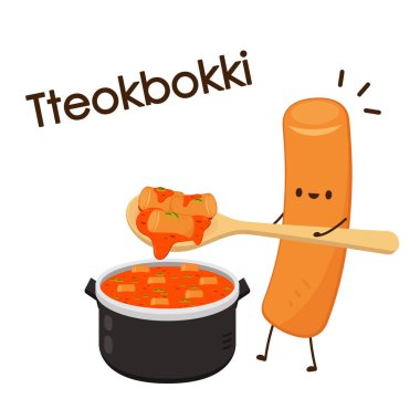 Tteokbokki noodle vektörü. Tteokbokki karakter tasarımı. Baharatlı pirinç keki..