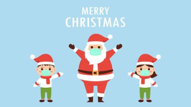 Noel Baba çizgi filmi. Çocuklar Noel kostümü giyiyor. Sosyal uzaklık posteri. Yüz maskesi.