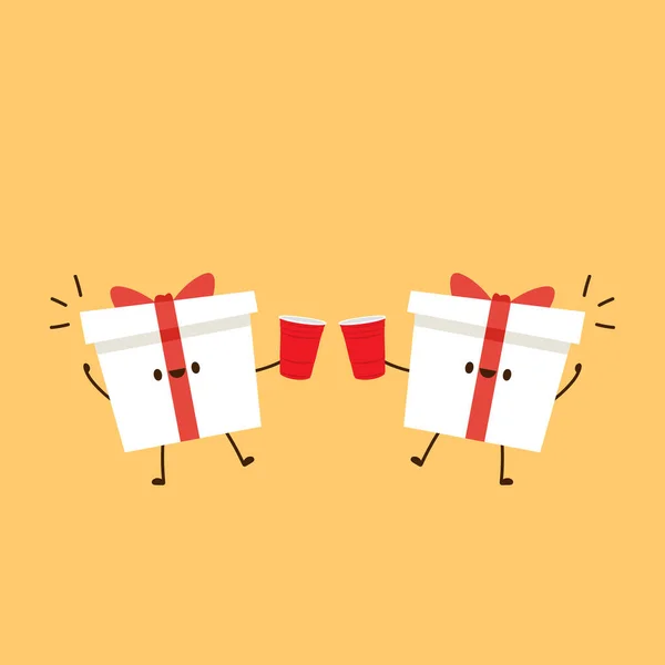 Hediye kutusu karakter tasarımı. Hediye kutusu vektörü. Kırmızı bira bardağı vektörü. Bira tenisi..