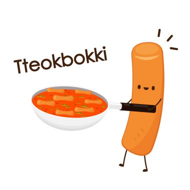 Tteokbokki noodle vektörü. Tteokbokki karakter tasarımı. Baharatlı pirinç keki..