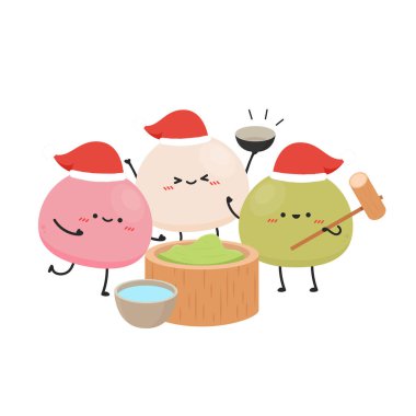 Mochi karakter tasarımı. Metin için boş alan. Mochi vektörü. Noel Baba şapka vektörü.