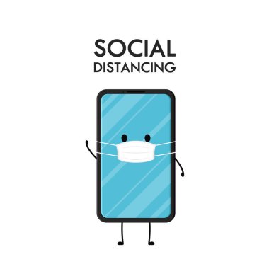 Akıllı telefon karakteri tasarımı. Akıllı telefon vektörü. Beyaz arka planda akıllı telefon. Sosyal uzaklık posteri.