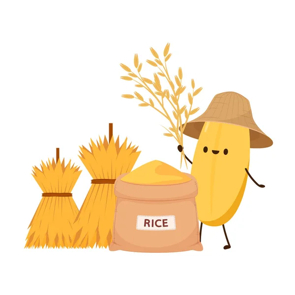 Rijst Karakter Rijstvector Witte Achtergrond Rijst Zak Vector Tarwestro — Stockvector