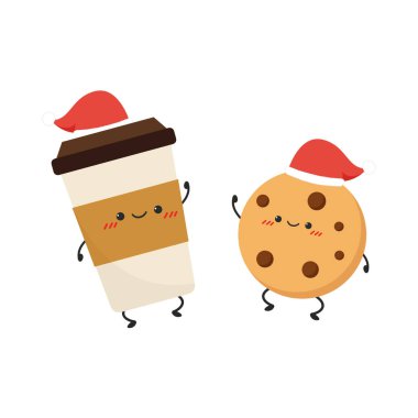 Kahve fincanı ve Cookie karakter tasarımı. karikatür vektörü. Noel Baba şapka vektörü.