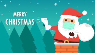 Elektronik termometre vektörü. Noel Baba çizgi film vektörü. Noel Baba karakteri tasarımı. Yüz maskesi.