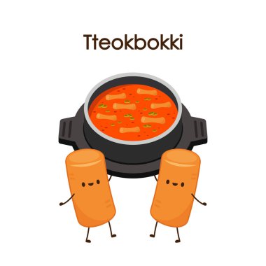 Tteokbokki noodle vektörü. Tteokbokki karakter tasarımı. Baharatlı pirinç keki..