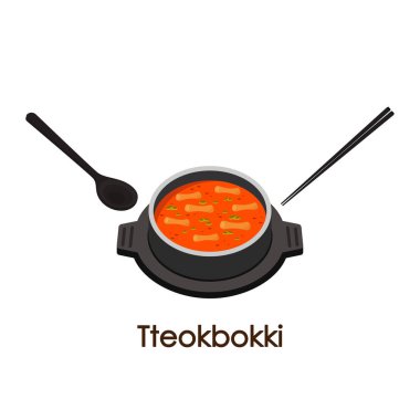 Tteokbokki Noodle vektörü. Tteokbokki Kore yemeğidir. Kore kase vektörü. Beyaz arka planda Kore kupası. 