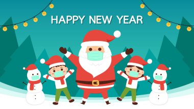 Noel Baba çizgi filmi. Çocuklar Noel kostümü giyiyor. Sosyal uzaklık posteri. Mutlu yıllar 2021 posteri.