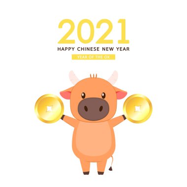 Çin mutlu yıllar 2021. Mutlu yıllar. Öküz Yılı. Öküz çizgi film vektörü. Öküz karakter tasarımı.