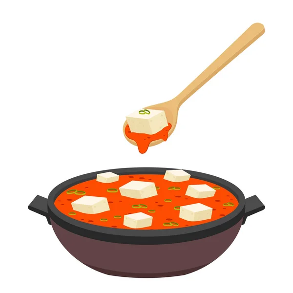 豆腐キムチスープベクトル 豆腐キムチ白い背景にスープ 豆腐キムチスープは韓国料理です — ストックベクタ