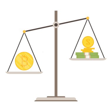 Sikke ve Bitcoin, ölçek vektörü. Bitcoin poster tasarımı.