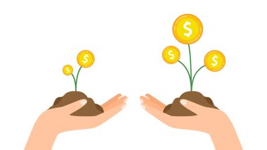 Bozuk para ağacıyla el. Dolar işaretli altın paralar. Büyüme, gelir, tasarruf. Düz biçimli vektör illüstrasyonu.