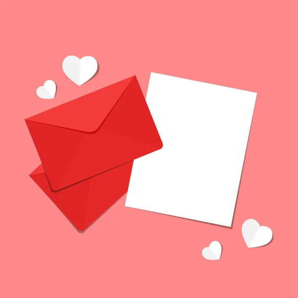 Love Letter White Card Red Paper Envelope Mockup Vector Free — Stock Vector