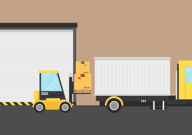 Truck box and Forklift vector. free space for text. Forklift cartoon vector. Warehouse door.