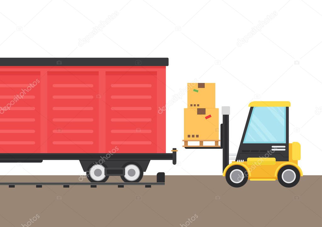 Rail freight transport vector. Container vector. Forklift cartoon vector.