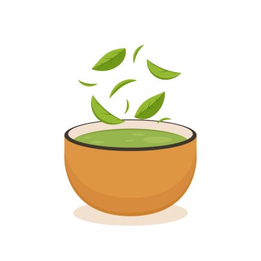 Matcha cup vektörü. Yeşil çay vektörü. Yeşil çay afişi tasarımı. Bir fincanda yeşil çay damlası.