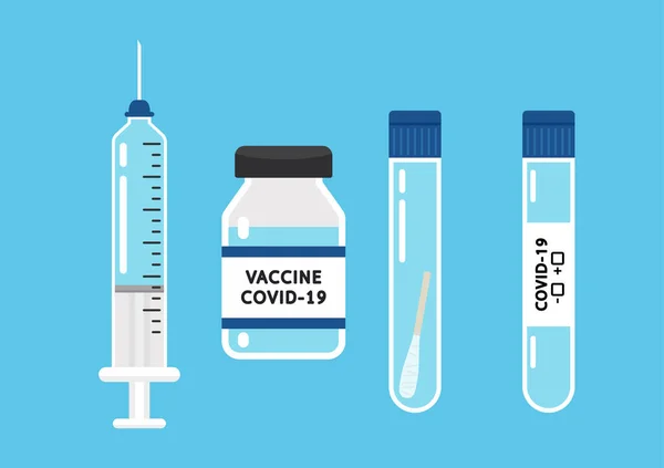 ワクチンCovid 19ベクター 注射器とワクチンベクター 試験管ベクトル内のコロナウイルススワブ Covid 19テスト用スワブキット — ストックベクタ