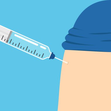 Covid-19 aşısı. Aşı virüsü Covid-19. Şişe aşısı karakter tasarımı. Bir hastaya iğne yapmak.