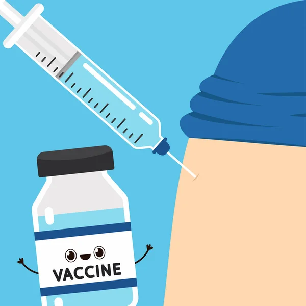 ワクチンCovid 19ベクター ワクチンウイルスCovid ボトルワクチンのキャラクターデザイン 患者の注射 — ストックベクタ