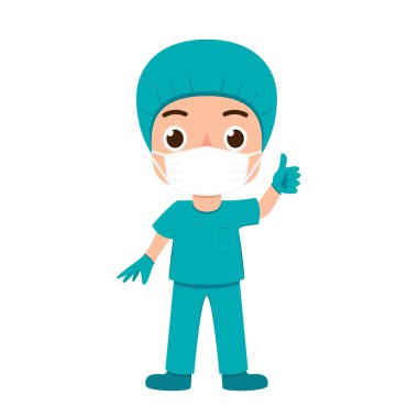 Doktor karakterleri tasarımı. Beyaz tıbbi maskeli doktorlar..