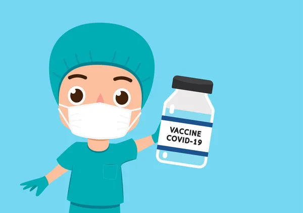 Dokters Personages Ontwerpen Artsen Karakters Wit Medisch Gezichtsmasker Vaccin Fles — Stockvector