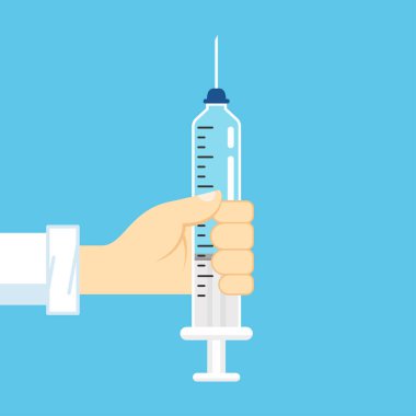 Covid-19 aşısı. Şırınga ve aşı vektörü. Aşı virüsü Covid-19.