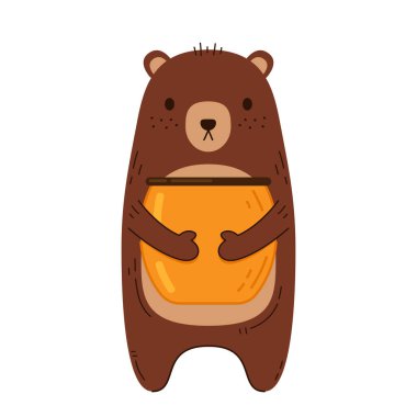 Bir kavanoz balı kucaklayan ayı. Bear ve Bee karikatür vektörü. Bal kavanozu. Ayı karakteri.