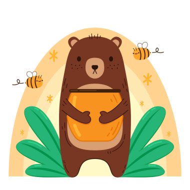 Bir kavanoz balı kucaklayan ayı. Bear ve Bee karikatür vektörü. Bal kavanozu. Ayı karakteri.