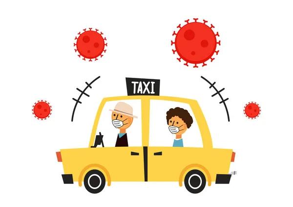 Taxi Tecknad Vektor Covid Taxi Koronavirusvektor Taxichaufför Med Ansiktsmask — Stock vektor