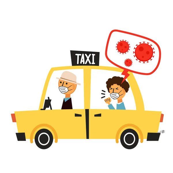 Táxi Vetor Cartoon Covid Taxi Vetor Vírus Corona Taxista Usando — Vetor de Stock