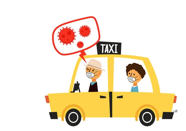 Táxi Vetor Cartoon Covid Taxi Vetor Vírus Corona Taxista Usando — Vetor de Stock