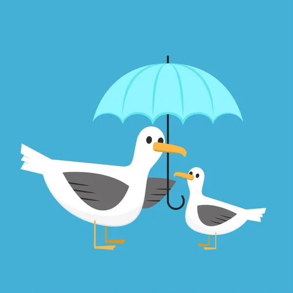 Vecteur Dessin Animé Des Goélands Mouettes Sur Fond Bleu Parapluie — Image vectorielle