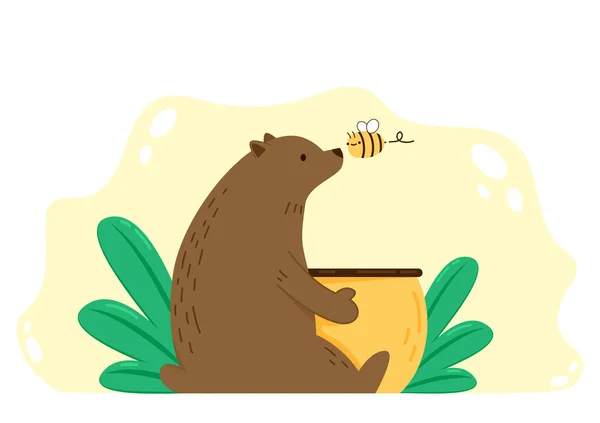 Медведь Обнимает Банку Меда Мультипликационный Вектор Медведя Пчелы Вектор Медовой — стоковый вектор