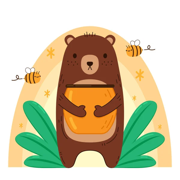 Medvěd Objímal Sklenici Medu Bear Bee Kreslený Vektor Medový Vektor — Stockový vektor